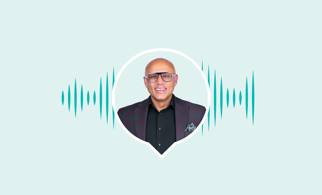 Photo of the podcast host on brand color with radio wave behind.