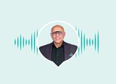 Photo of the podcast host on brand color with radio wave behind.